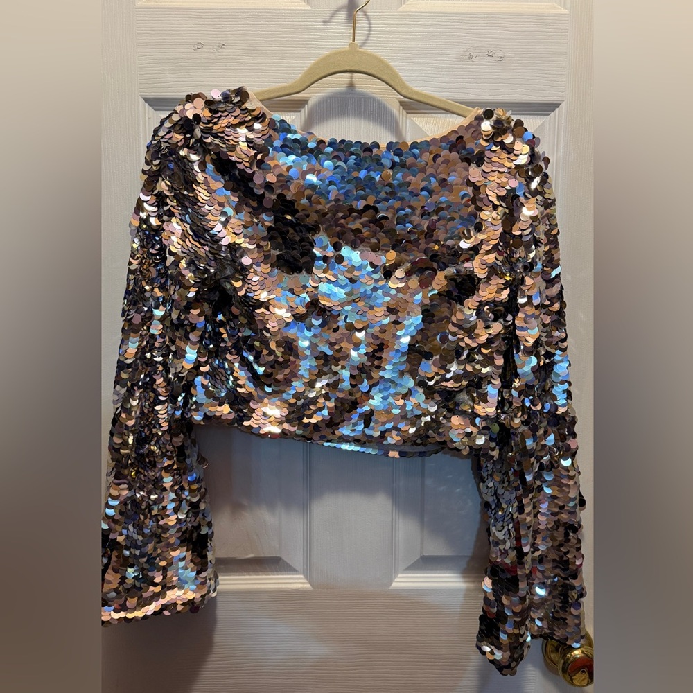 ☀️ Iridescent Sequin Long-Sleeve Crop Top - Silver & Gold